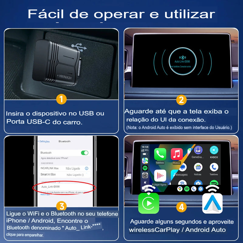 Adaptador Sem Fio  Carplay Andróid Golf, Peugeot,Volkswagen, Ford,  Suzuki, Chevrolet, Skoda MG e Chery