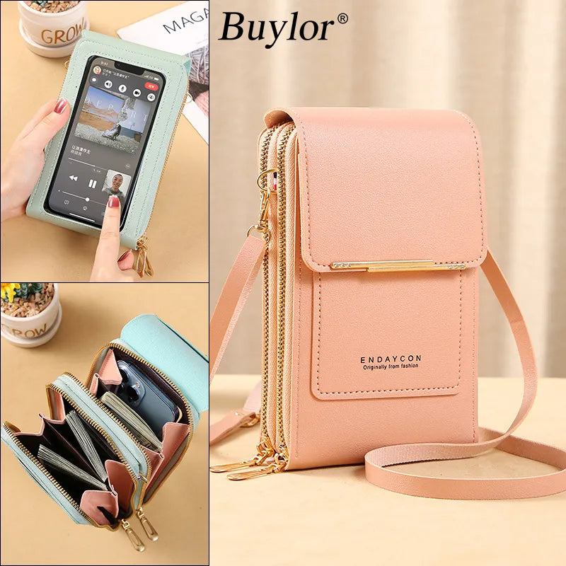 Bolsa Buylor Feminina de Couro Macio Touch Screen para Celular